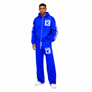 Conjunto de chándal azul con capucha, de largo completo, corte holgado, estilo urbano, sudadera y pantalones de algodón con estampado de letras blancas y cierre con cordón. - Product Image 1