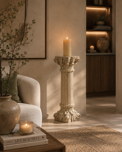 Heritage Wooden <b>Tall</b> <b>Pillar</b> <b>Candle</b> Stand Hand Carved Floral Design Farmhouse Home Hotel Indoor Outdoor Decorative Display - Product Image 3