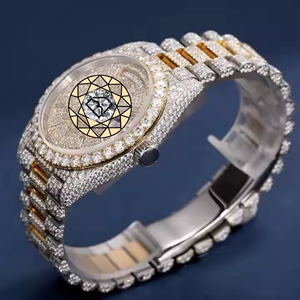 Reloj de Cuarzo de Lujo para Hombre con Diamantes de Laboratorio, Esfera Redonda Analógica, Cristal de Zafiro, Cierre Desplegable, Acero Inoxidable, Estilo Hip Hop - Product Image 2