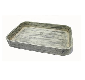 <b>Large</b> Rectangular Mango Wood <b>Tray</b> with Distress Finish and Decorative Metal Handles for Tea Food Serving and Kitchen Storage Use - Product Image 1