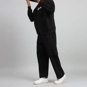 Men's Black Hooded Tracksuit Solid Color Casual Full Sleeve Cotton Sweatshirt and Cargo <b>Pants</b> Set with Front Logo Print - Product Image 2