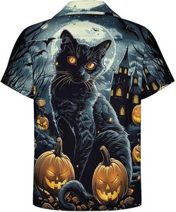 Camisa Hawaiana para Hombre, Estampado de Gato Negro y Calabaza de Halloween, Manga Corta, Cuello Camisero, Estilo Veraniego - Product Image 3