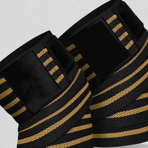 Rodillera de punto al por mayor, negra con rayas doradas, transpirable, con cierre de velcro, unisex, protección para todas las estaciones - Product Image 2