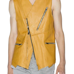 Chaleco de cuero genuino color canela para hombre, sin mangas, estilo motero, con cuello en V y bolsillos con cremallera - Product Image 4