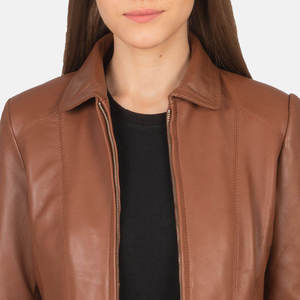 Women's Brown Genuine <b>Leather</b> Moto <b>Jacket</b> Turn-Down Collar Zipper Closure Slim Fit Autumn Style For Women - Product Image 4