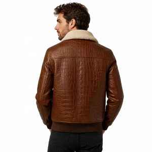 Blouson aviateur en cuir pleine fleur gaufré croco pour homme, col en fourrure ciselée personnalisé OEM, design rétro texturé pour l'hiver - Product Image 2