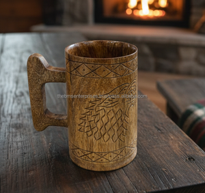 แก้วไม้สำหรับเครื่องดื่มร้อนและเย็น ปลอดภัยสำหรับอาหาร ขายดี แก้วไม้ไวกิ้งแกะสลักด้วยมือ - Product Image 5