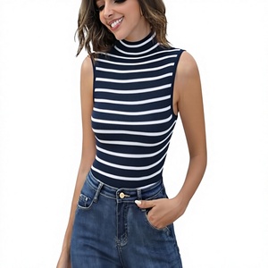 Camiseta sin mangas de punto a rayas con cuello alto para mujer, estilo náutico, transpirable, mezcla de algodón y elastano, longitud regular - Product Image 5