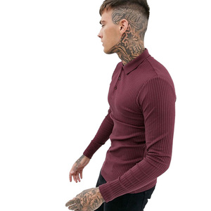 เสื้อโปโลแขนยาวผู้ชาย สีแดงเลือดหมู ผ้าถัก สีพื้น สไตล์ลำลอง ทรงปกติ - Product Image 3