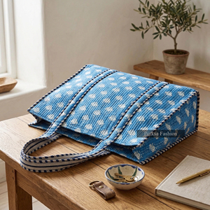 Bolsa de Mano Grande Acolchada de Algodón con Estampado Floral Azul, Bolso de Hombro para Mujer, Ecológico, Reutilizable, para Compras - Product Image 4