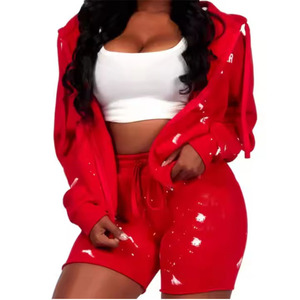 Ensemble deux pièces personnalisé pour femme, imprimé éclaboussures de peinture, sweat à capuche court entièrement zippé et short, vente en gros, tenue décontractée streetwear et loungewear - Product Image 2