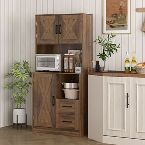 71\" Modern Farmhouse <b>Kitchen</b> <b>Pantry</b> Storage Cabinet with Microwave Oven Countertop Adjustable Brown Wood Shelves - Product Image 2