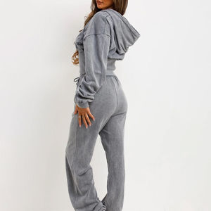 Custom Heavyweight Tracksuit <b>Distressed</b> Boxy Crop <b>Top</b> Hoodie Set Rhinestone Acid Washed Women's Flared Sweatpants Hoodie Set - Product Image 2