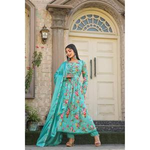 DISEÑADOR CHINON ESTAMPADO TRABAJO CON CUELLO PATRÓN VESTIDO INFERIOR CON DUPATTA VERDE MAR - Product Image 3