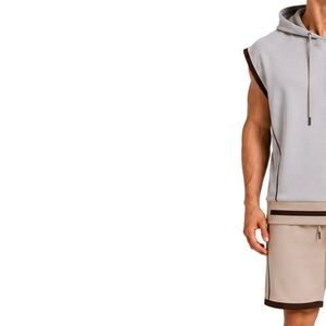 <b>Mens</b> Light Grey Beige Dark Brown Sleeveless Hooded Tracksuit <b>Set</b> Custom Logo Gym Fitness Training Sports <b>Hoodie</b> <b>And</b> <b>Shorts</b> - Product Image 3