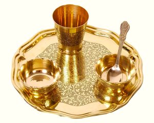 brass pooja thali small <b>8</b> inch decorative plate religious temple rituals traditional indian metal utensil engraved floral des - Product Image 2