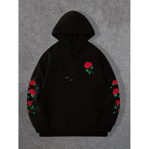 Sweat-shirt à capuche rouge pour homme, broderie florale, coton, coupe ample, décontracté, automne, avec poches - Product Image 5