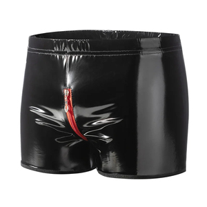 Men's Black PU Coated High Waist Shorts With <b>Red</b> Zipper Fly Gothic Style Short Shorts Spandex Nylon <b>Material</b> - Product Image 4