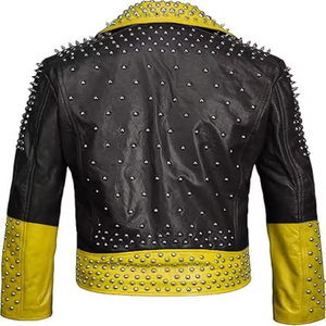 Nouvelle veste en cuir de vachette multicolores pour homme, style punk rock, col montant, fermeture éclair, faite à la main, pour moto, avec clous argentés - Product Image 6