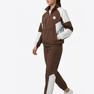 Chándal Unisex Marrón y Blanco con Bloques de Color, Manga Larga, Cierre de Cremallera de Cuarto, Diseño Deportivo, Transpirable, de Poliéster, para Adultos, Ropa de Otoño - Product Image 3