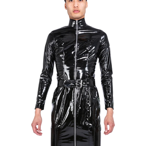 Robe longue moulante noire en PU à manches longues, col en V profond, fermeture éclair, ceinture, ajustée, pour soirée - Product Image 3