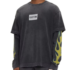 Nouveauté : T-shirts à manches longues superposées pour hommes, en coton lavé vintage, double couche, style hip-hop, t-shirts unis pour hommes - Product Image 1