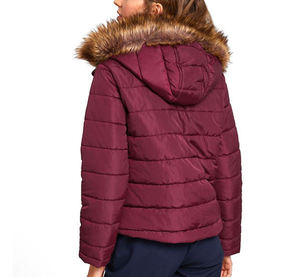 Women's Burgundy Hooded Puffer Jacket With <b>Fur</b> <b>Trim</b> Windproof Winter Casual Outerwear Solid Color Polyester Shell Zipper Closure - Product Image 2