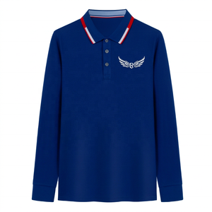 เสื้อโปโลแขนยาวสีน้ำเงินสำหรับผู้ชาย ปักโลโก้ ผ้าฝ้ายอ๊อกซ์ฟอร์ด ระบายอากาศได้ดี ทรงปกติ ดีไซน์ด้านหน้า - Product Image 1