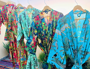 Tropical Print Wrap Robe Women's Loose Fit <b>Three</b> Quarter Sleeve Midi Dress V-Neck Breathable Polyester Summer Casual Wear - Product Image 3