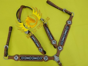 Ensemble d'accessoires de selle western saisonnier léger en cuir véritable perlé coloré pour chevaux, comprenant la têtière et la selle de poitrine - Product Image 6