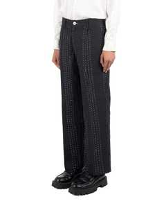 Pantalon décontracté plissé à jambes larges en coton rayé brodé multicolore coupe ample pour femme – Idéal été - Product Image 4