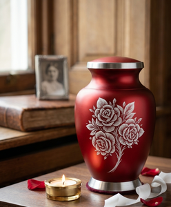 Red Metal Cremation <b>Urn</b> with Engraved Roses Design for Sympathy Memorial Tabletop Use Handcrafted Memorial <b>Urn</b> - Product Image 1