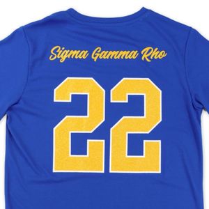 เสื้อยืด Sigma Gamma Rho สีน้ำเงินรอยัล กลิตเตอร์ ดรายฟิต สำหรับทุกเพศ ชุดกีฬาสมาคมนักศึกษากรีก เสื้อยืดดูดซับความชื้น ประสิทธิภาพสูง - Product Image 4