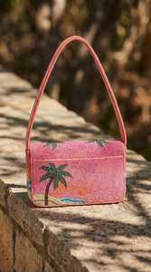 Bolso de Hombro Rectangular Bordado a Mano, Lavable, para Uso Diario, Diseño de Palmera Tropical y Atardecer Rosa, con Cuentas de Vidrio - Product Image 3