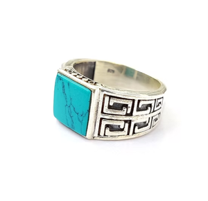 Natural <b>Square</b> Turquoise Signet Ring 925 Sterling Silver Greek <b>Key</b> Pattern Band Handmade Men's Statement Jewelry - Product Image 2
