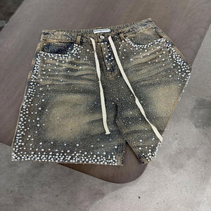 Men's High Waist Denim <b>Shorts</b> With <b>Sequin</b> Embroidery Drawstring Closure Street Style Woven Fabric - Product Image 5