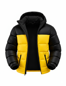 Veste matelassée à capuche bicolore pour homme, légère et chaude pour l'hiver, avec fermeture éclair, coupe-vent décontractée pour l'extérieur, noir et jaune - Product Image 3