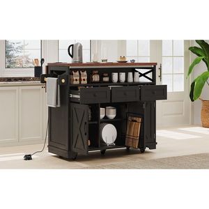 K K 46.5 Farmhouse Style Kitchen Island with <b>Beaded</b> Drape Power Outlet Rolling Cart on Wheels Drop Leaf & 3 <b>Doors</b> - Product Image 6