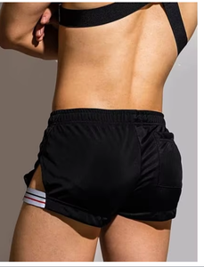 Shorts de sport noirs pour hommes avec logo frontal, taille à cordon de serrage, séchage rapide, respirants, en tissu polyester/coton, taille mi-haute, longueur courte - Product Image 5