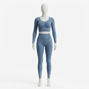 Women Blue Acid Wash Yoga <b>Set</b> <b>Long</b> <b>Sleeve</b> Crop Top High Waist Leggings <b>Gym</b> Fitness Workout Activewear - Product Image 1