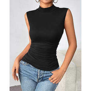 CUSTOM MADE Women Slim Fit <b>Sleeveless</b> <b>Turtleneck</b> Tank <b>Top</b> Stretch Elegant Embroidery Spandex/Polyester Casual Solid Color <b>Top</b> - Product Image 6