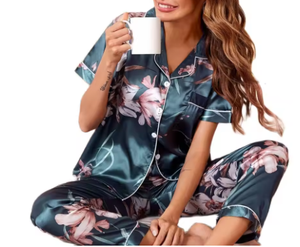 Pijamas de Satén para Mujer, Camisa con Botones y Estampado Floral, con Pantalones, Conjunto de Pijama, Ropa de Dormir, Pijama Mujer - Product Image 4