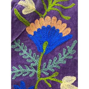 Purple <b>Velvet</b> Embroidered Jacket <b>Women</b> Mandarin Collar Full Sleeve Floral Hand Embroidery Bohemian Style Spring <b>Coat</b> - Product Image 5