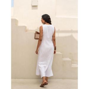 Robe longue en coton et lin blanc pour femmes, sans manches, boutonnée, col en V, élégante, robe longue d'été - Product Image 4