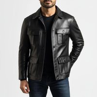 Veste décontractée en cuir de mouton noir imperméable pour homme, col montant, simple boutonnage, fourrure de mouton, tenue de travail hivernale