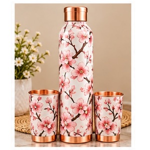 Botella de Agua de Cobre Hecha a Mano con Diseño de Hojas Tropicales, Juego de Bebederos Portátiles para Viaje - Product Image 5