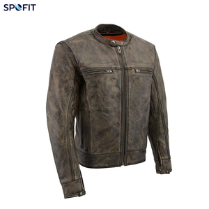 Unisex Autumn Retro Washed Leather Biker Jacket with Gradient <b>Zip</b> Design Waterproof & Windproof Solid Pattern Standing Collar - Product Image 2