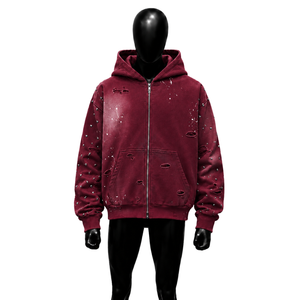 <b>Men's</b> Oversized Maroon distressed zip up hoodie Spray Print Streetwear Cotton French Terry Regular Sleeve Autumn Style Casual - Product Image 1