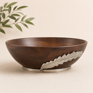 Premium Handcrafted Acacia Wooden Serving Bowl With Artistic <b>Silver</b> Feather Metal Detail Elegant Decorative <b>Table</b> Centerpiece - Product Image 4