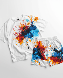Men's White Abstract <b>Paint</b> Splatter T-Shirt and Shorts <b>Set</b> Crew Neck Casual Summer Wear Digital Printed Polyester Knitted - Product Image 1